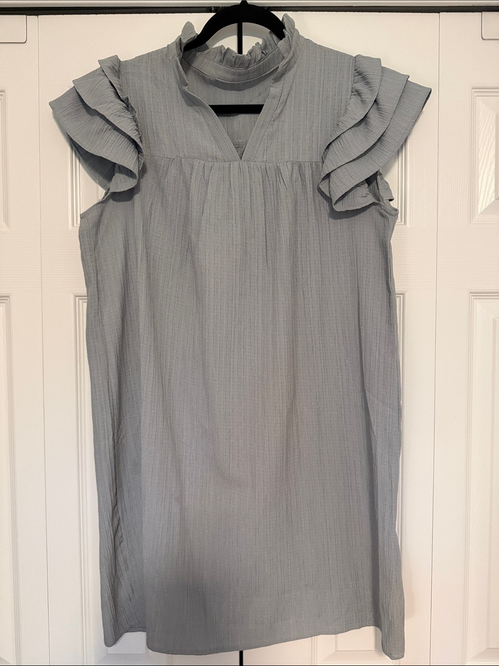 Ruffled Sleeve Mock Neck Shift Dress - Light Gray